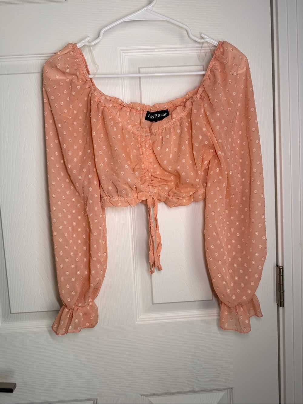 3/$15 Sheer Peach Polka-Dot Peasant Crop Top with bishop sleeves